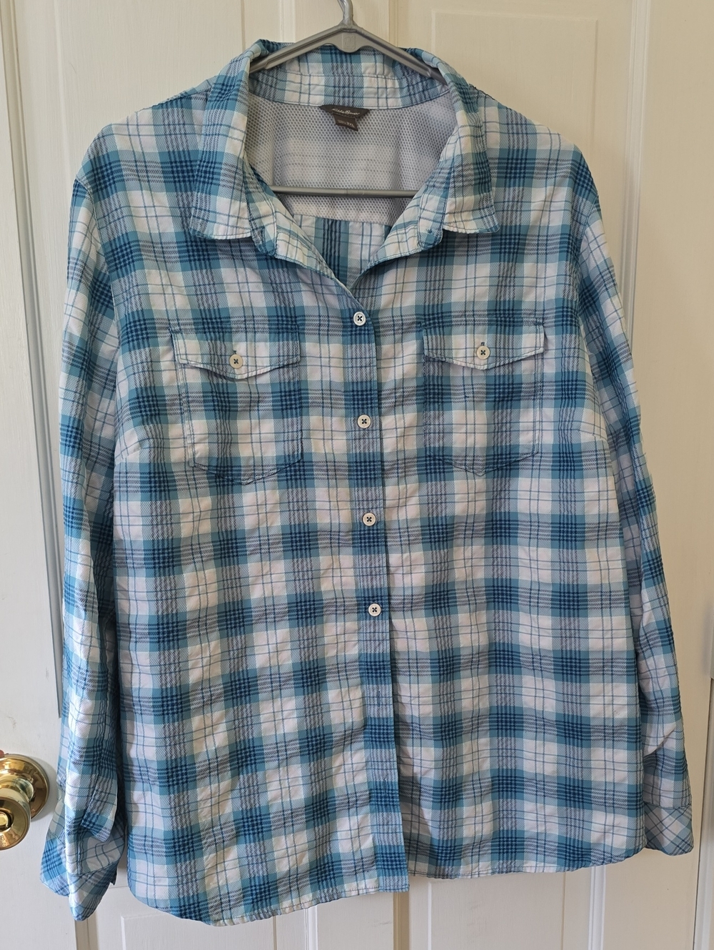 Eddie Bauer Blue and White Plaid Button-Down Shirt. Great For Outdoors Size XXL